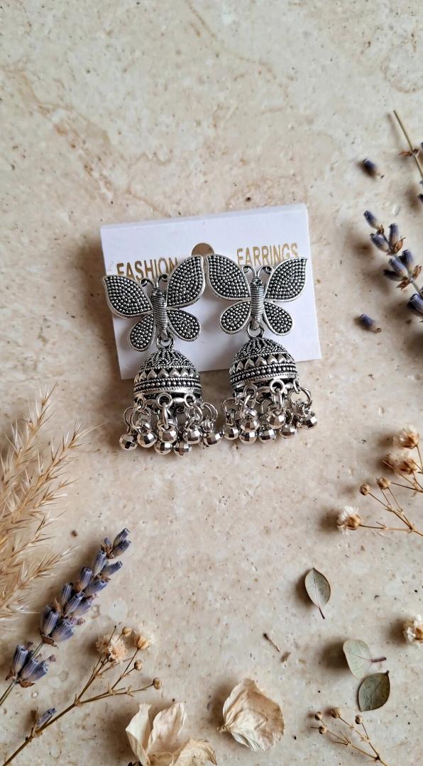 Oxidized Silver Butterfly Jhumka Earrings