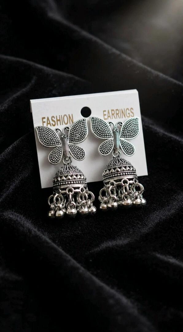Oxidized Silver Butterfly Jhumka Earrings