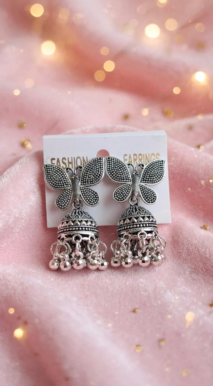 Oxidized Silver Butterfly Jhumka Earrings