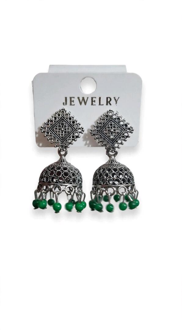 Oxidized Silver Diamond Jhumka Earrings