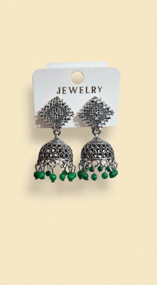 Oxidized Silver Diamond Jhumka Earrings