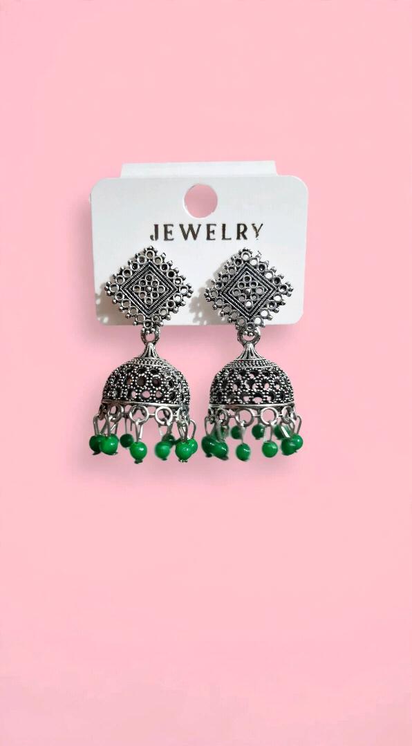 Oxidized Silver Diamond Jhumka Earrings