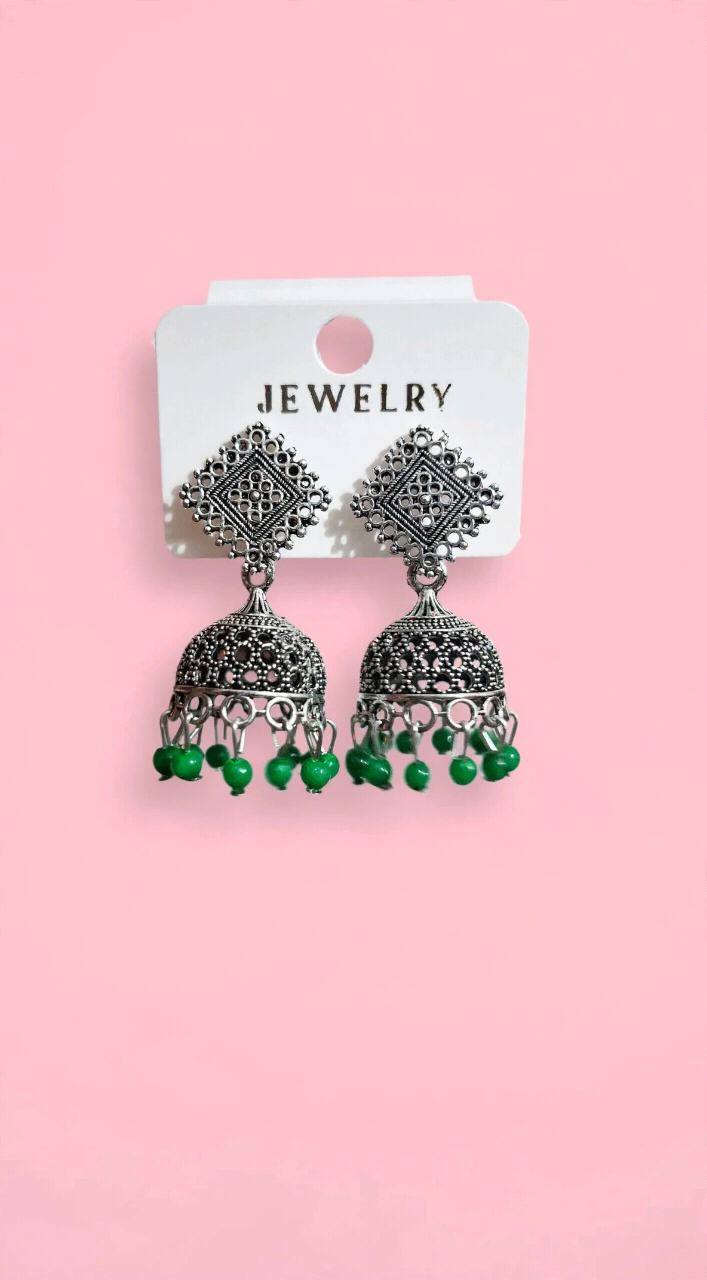 Oxidized Silver Diamond Jhumka Earrings