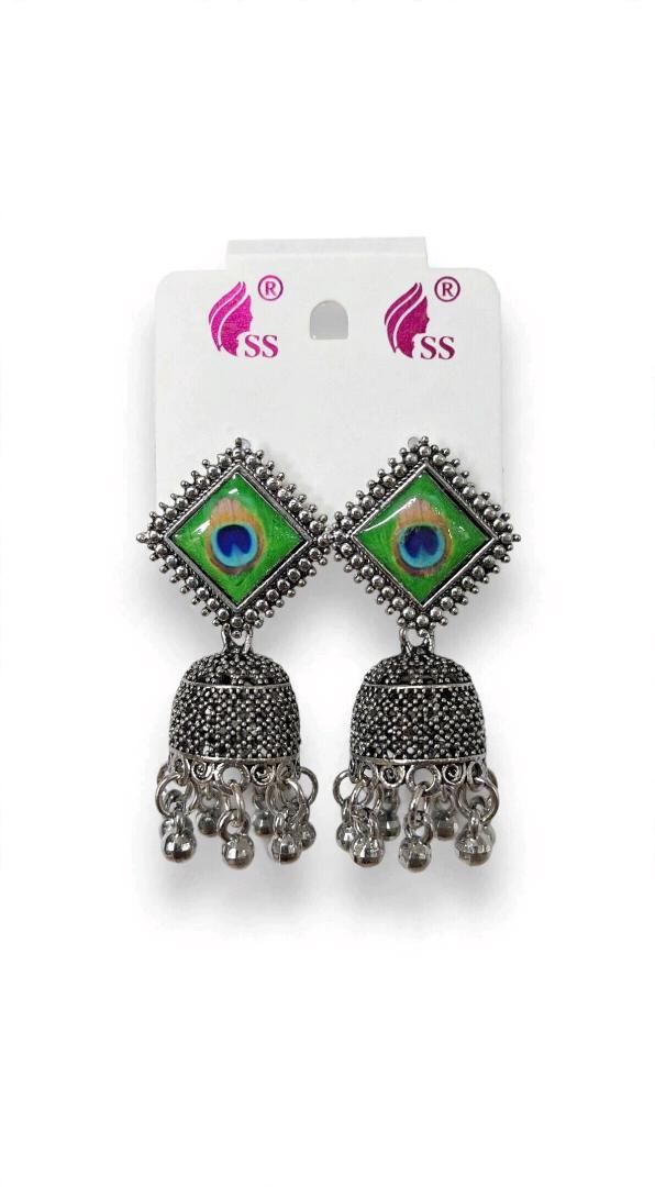 Oxidized Silver Peacock Feather Jhumka Earrings - Antique Afghani Style