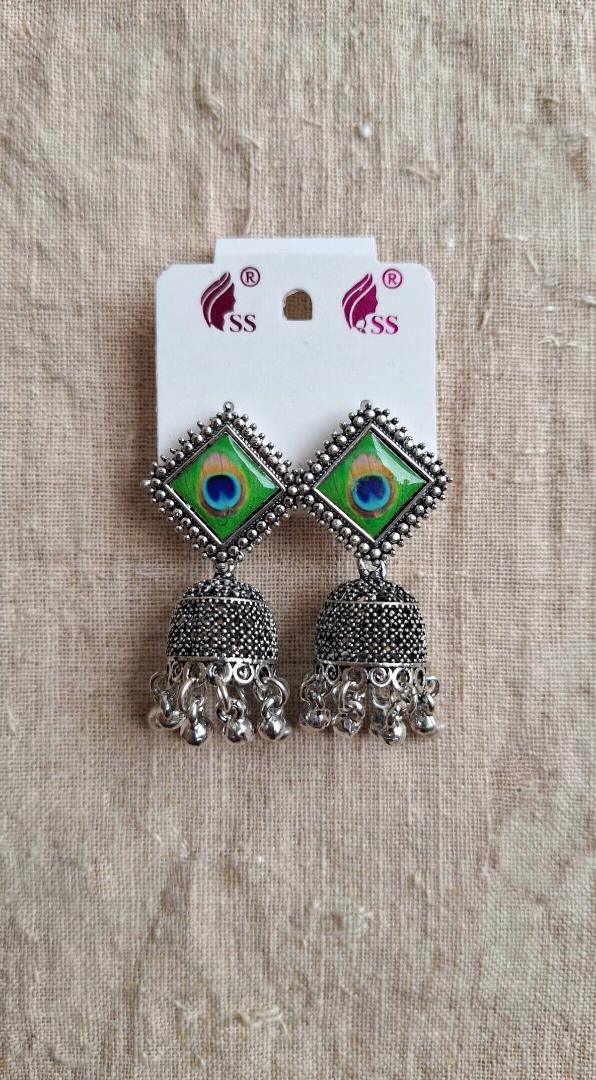 Oxidized Silver Peacock Feather Jhumka Earrings - Antique Afghani Style