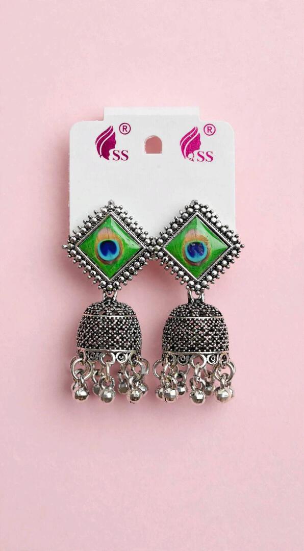 Oxidized Silver Peacock Feather Jhumka Earrings - Antique Afghani Style