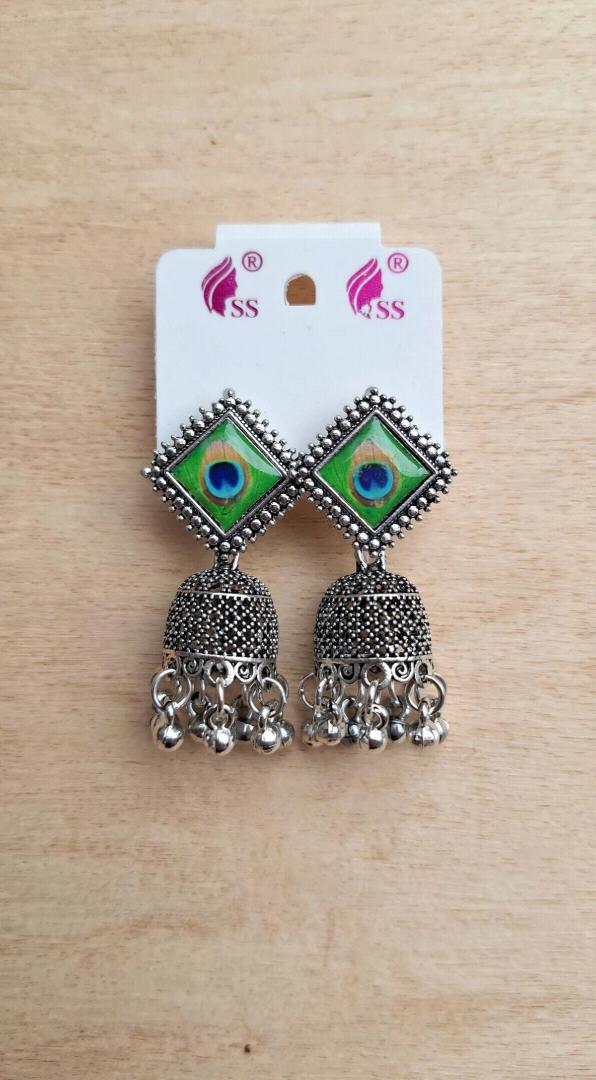 Oxidized Silver Peacock Feather Jhumka Earrings - Antique Afghani Style