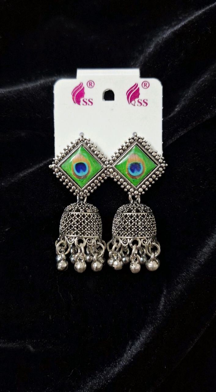 Oxidized Silver Peacock Feather Jhumka Earrings - Antique Afghani Style