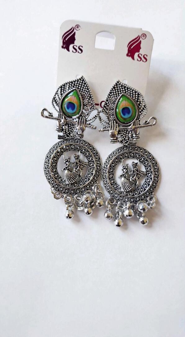 Oxidized Silver Radha-Krishna Peacock Feather Jhumka Earrings with Ghungroo - Krishna Flute Design