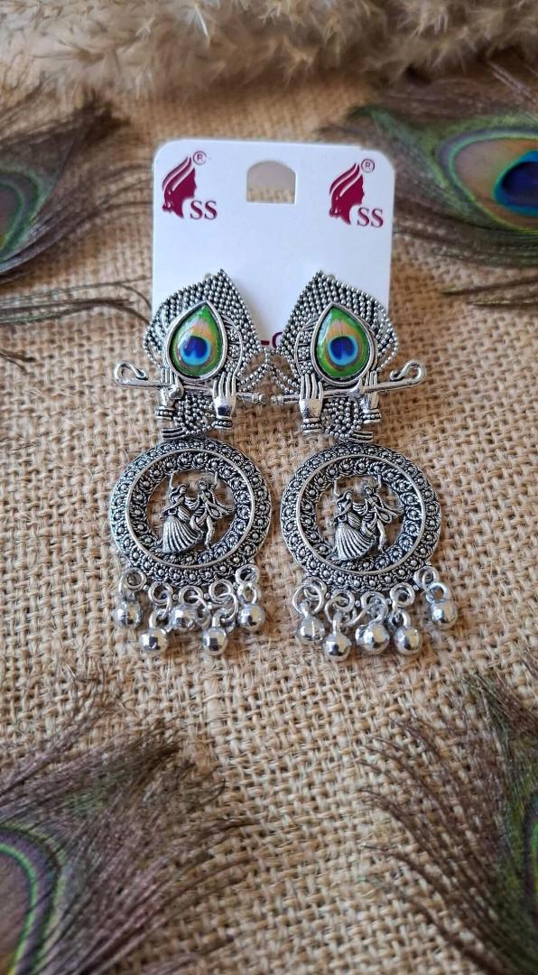 Oxidized Silver Radha-Krishna Peacock Feather Jhumka Earrings with Ghungroo - Krishna Flute Design