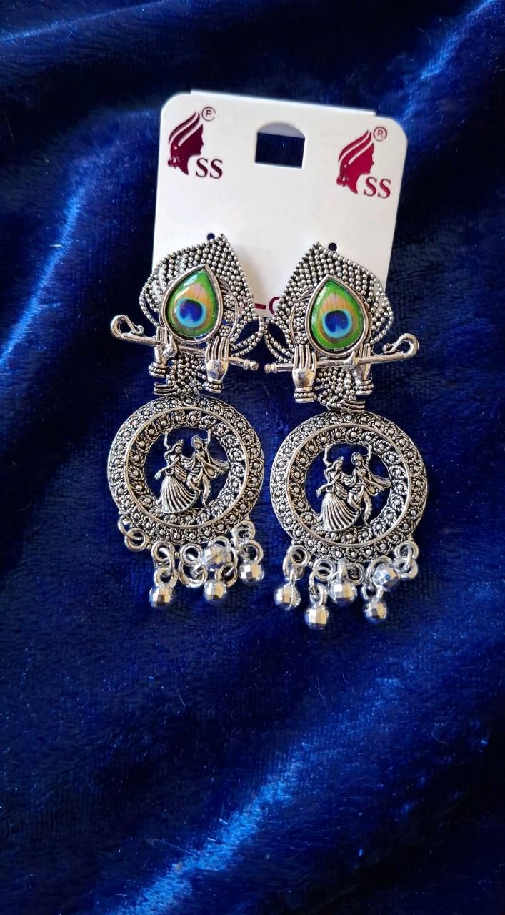 Oxidized Silver Radha-Krishna Peacock Feather Jhumka Earrings with Ghungroo - Krishna Flute Design