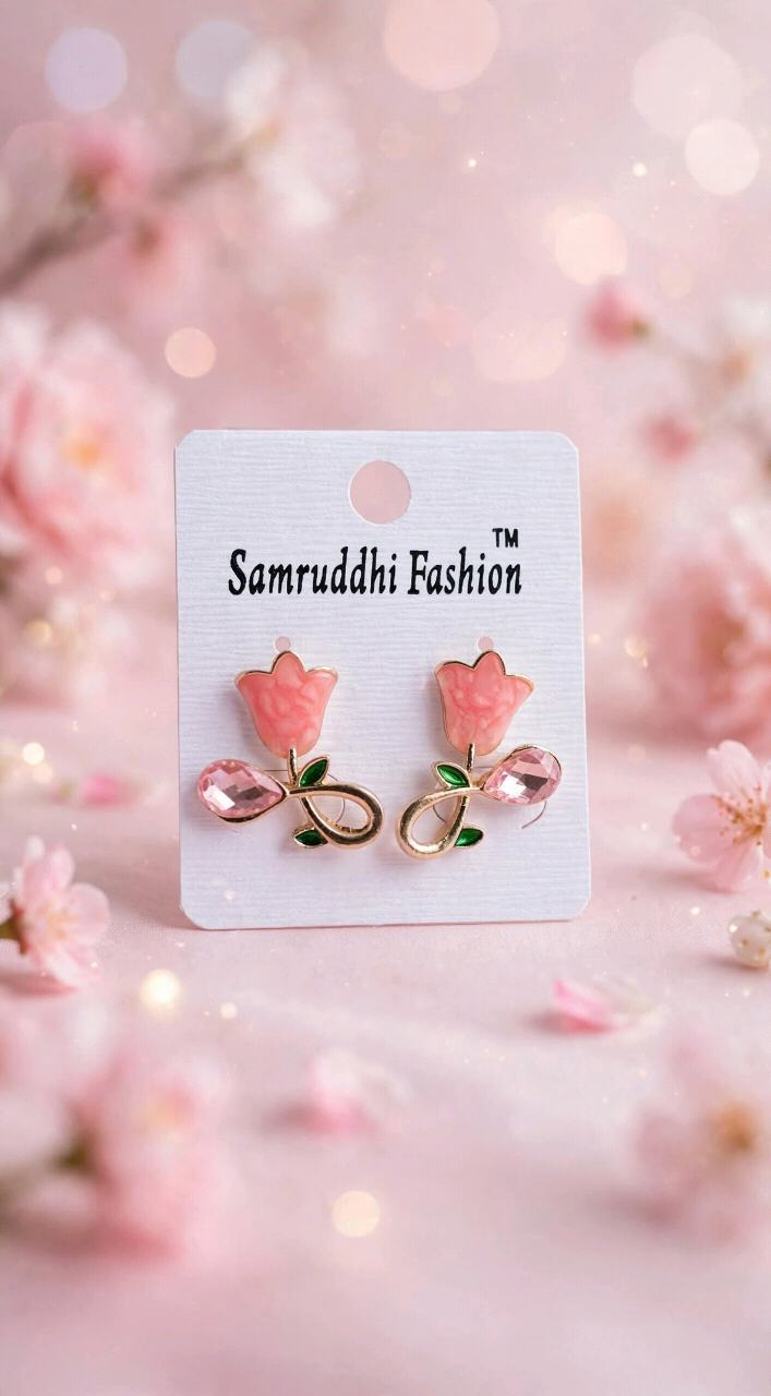 Pink Tulip Flower Stud Earrings