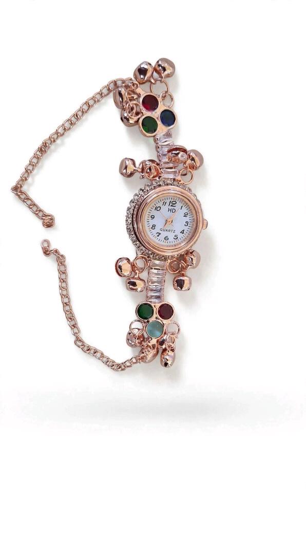 Rose Gold Ethnic Charm Bracelet Quartz Watch for Women & Girls | Stylish Stone Studded with Ghungroo Bells