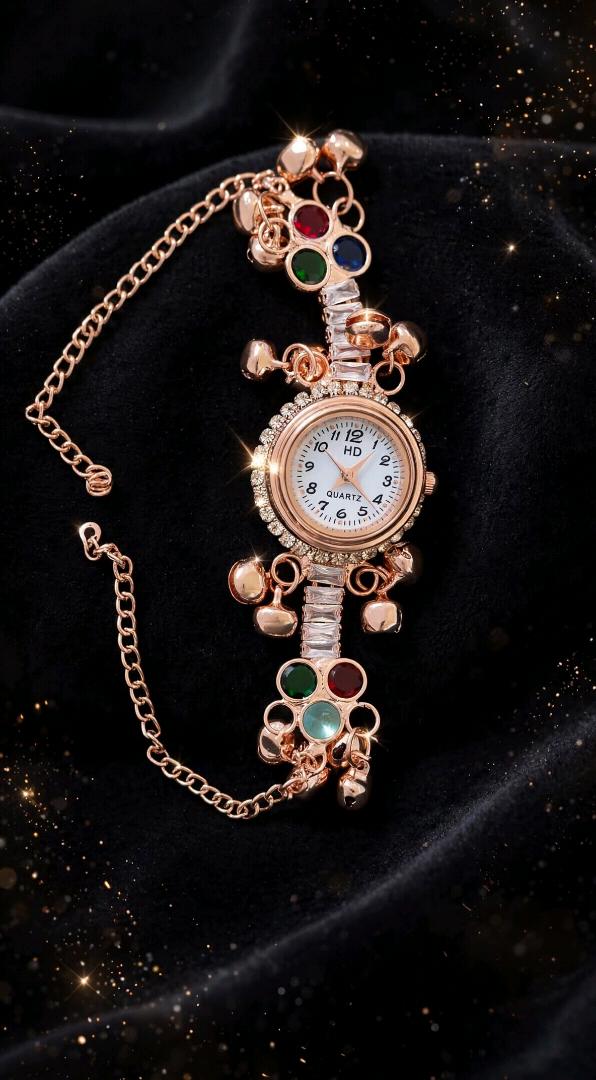Rose Gold Ethnic Charm Bracelet Quartz Watch for Women & Girls | Stylish Stone Studded with Ghungroo Bells