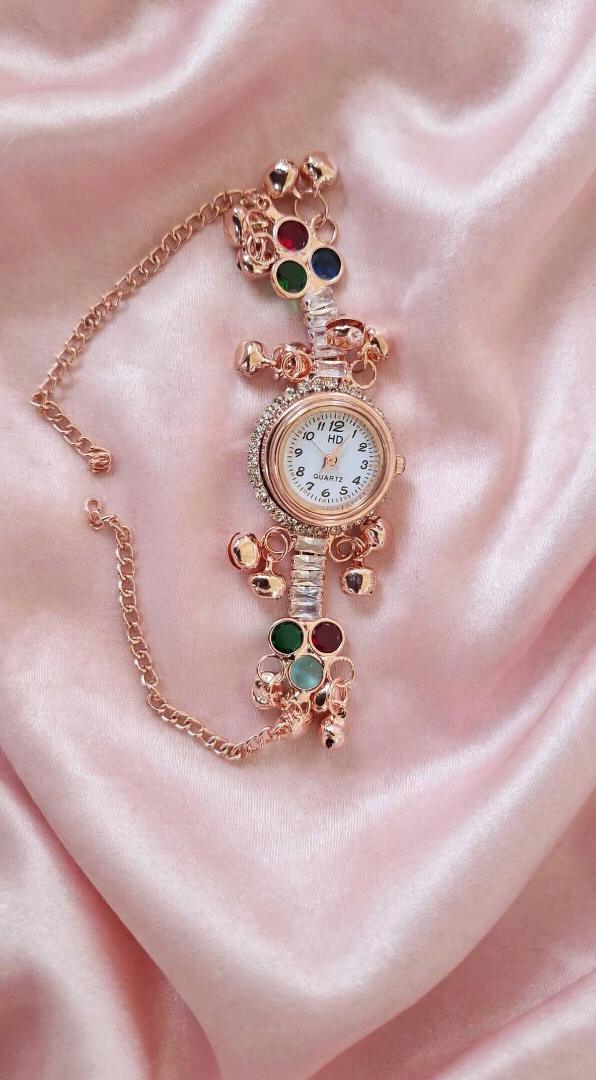 Rose Gold Ethnic Charm Bracelet Quartz Watch for Women & Girls | Stylish Stone Studded with Ghungroo Bells