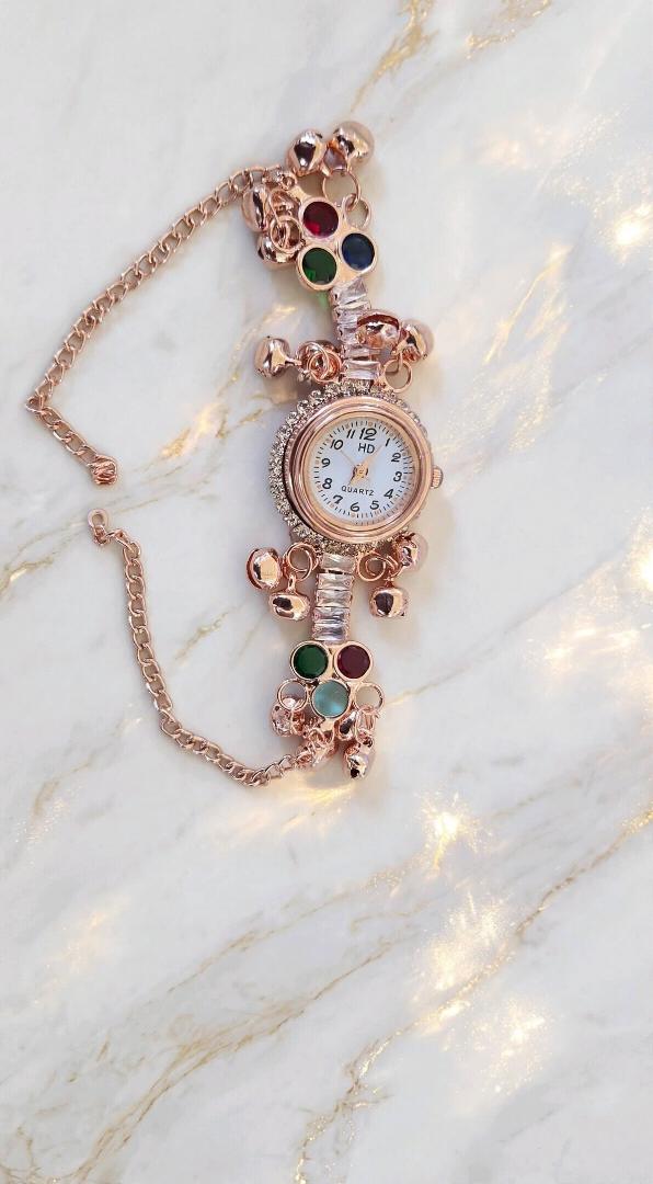 Rose Gold Ethnic Charm Bracelet Quartz Watch for Women & Girls | Stylish Stone Studded with Ghungroo Bells