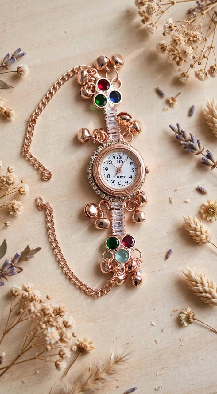 Rose Gold Ethnic Charm Bracelet Quartz Watch for Women & Girls | Stylish Stone Studded with Ghungroo Bells