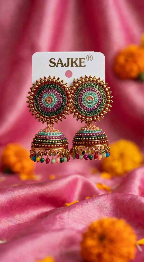 SAJKE Multicolor Traditional Jhumka Earrings