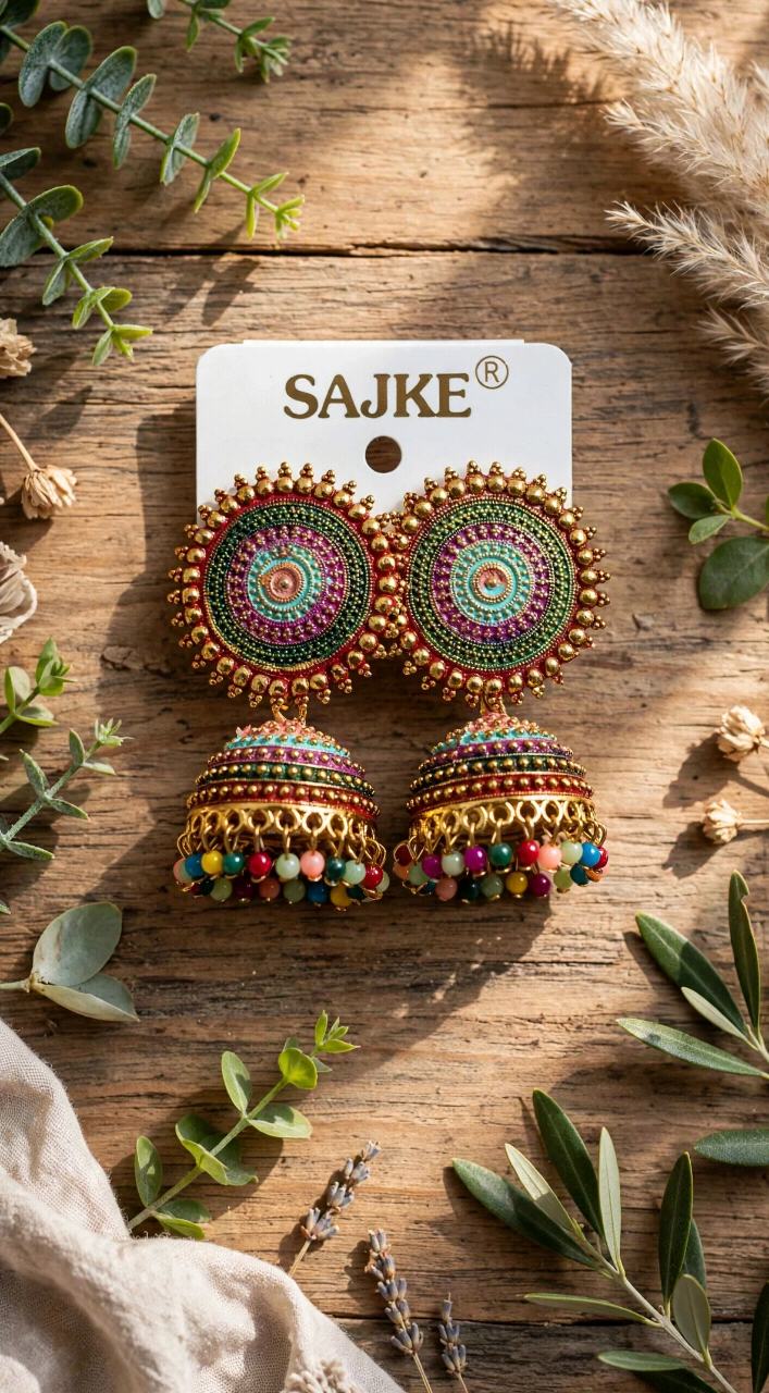 SAJKE Multicolor Traditional Jhumka Earrings
