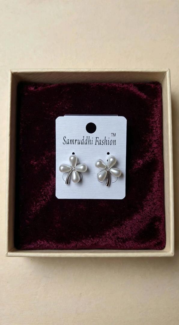 Samruddhi Fashion Pearl Clover Stud Earrings - Elegant 4-Petal Flower Design with White Teardrop Pearls & Silver Stem