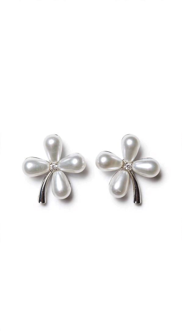 Samruddhi Fashion Pearl Clover Stud Earrings - Elegant 4-Petal Flower Design with White Teardrop Pearls & Silver Stem