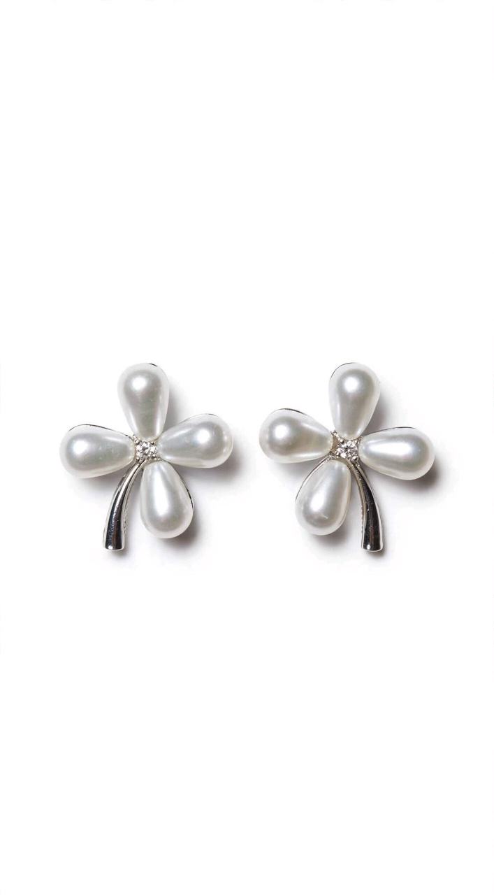 Samruddhi Fashion Pearl Clover Stud Earrings - Elegant 4-Petal Flower Design with White Teardrop Pearls & Silver Stem