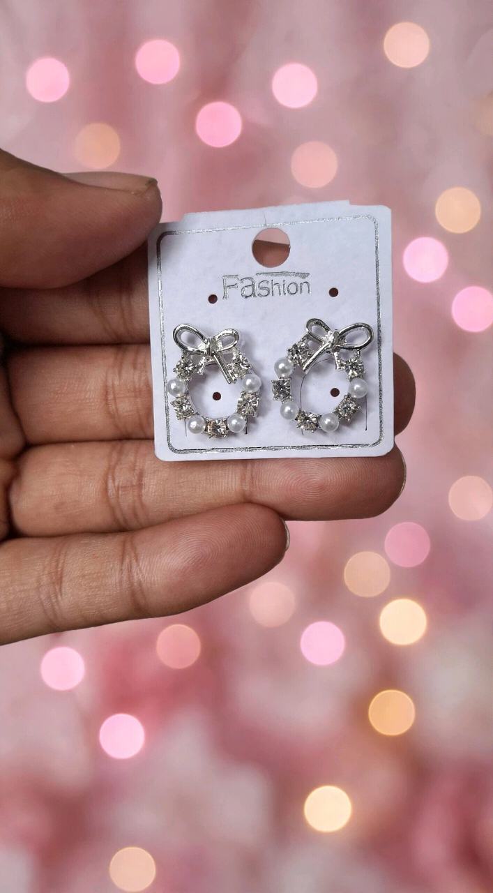Silver Bow Wreath Pearl Stud Earrings - Fashion Korean Style