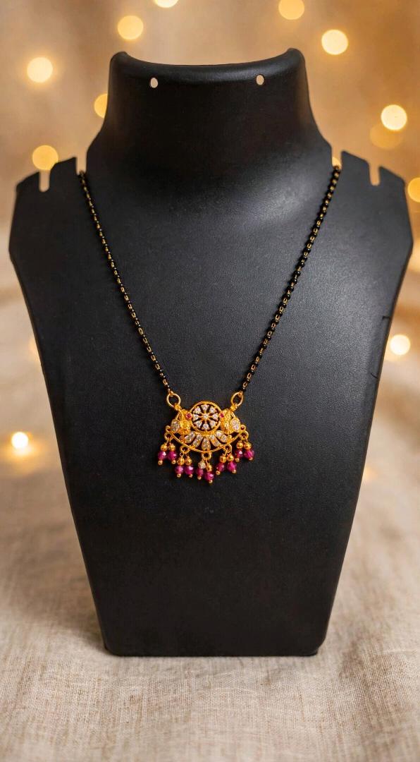 Traditional Gold-Plated Mangalsutra with Pink Ruby Drops