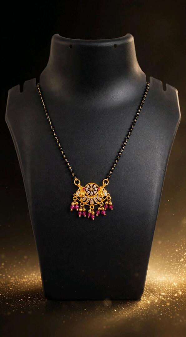Traditional Gold-Plated Mangalsutra with Pink Ruby Drops