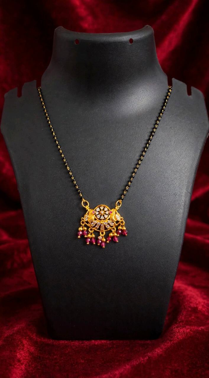 Traditional Gold-Plated Mangalsutra with Pink Ruby Drops