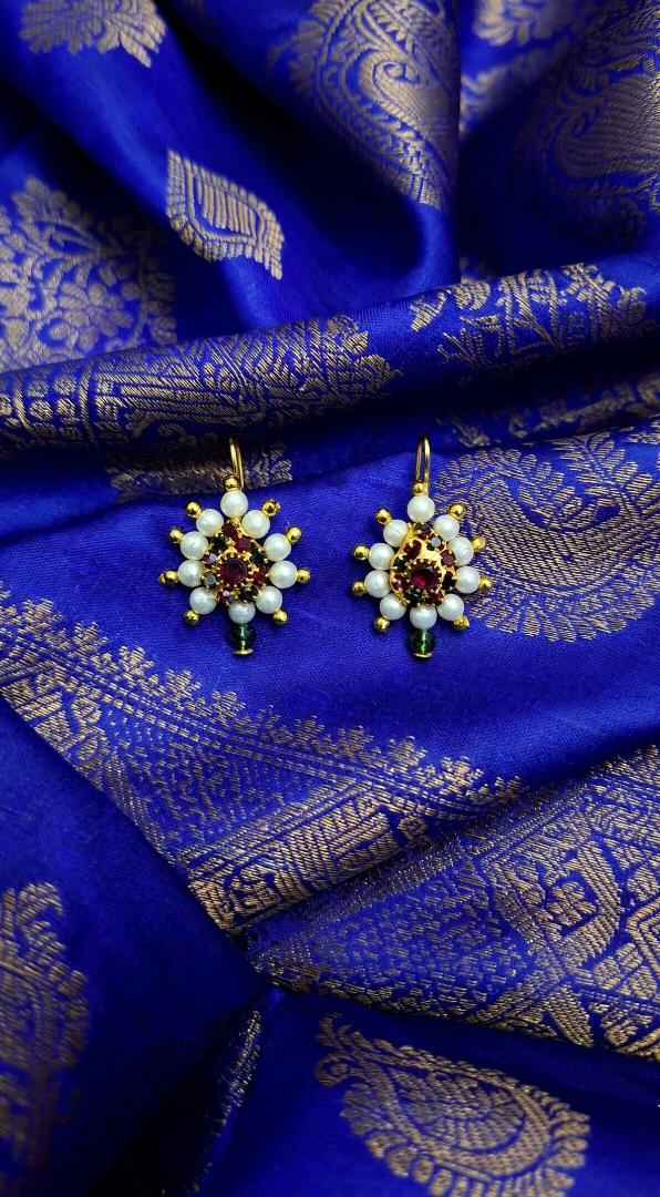 Traditional Gold Plated Pearl Earrings with Red & Green Stone