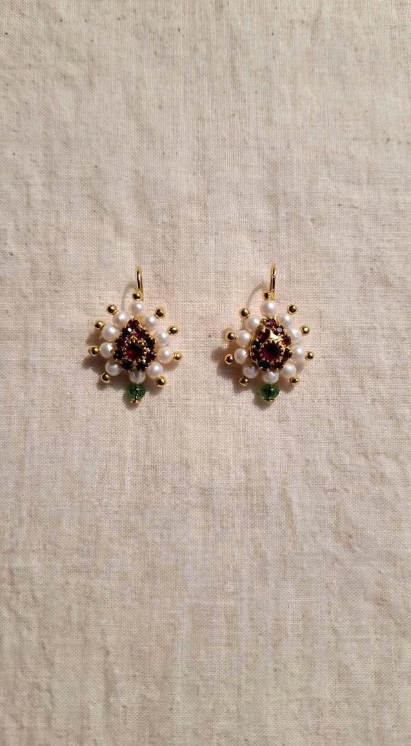 Traditional Gold Plated Pearl Earrings with Red & Green Stone