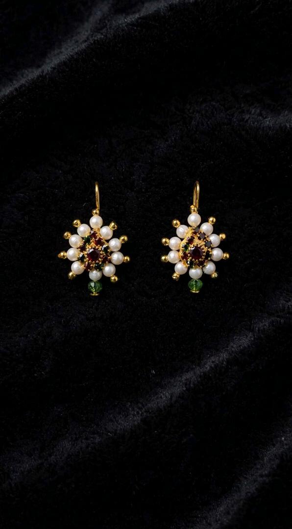 Traditional Gold Plated Pearl Earrings with Red & Green Stone