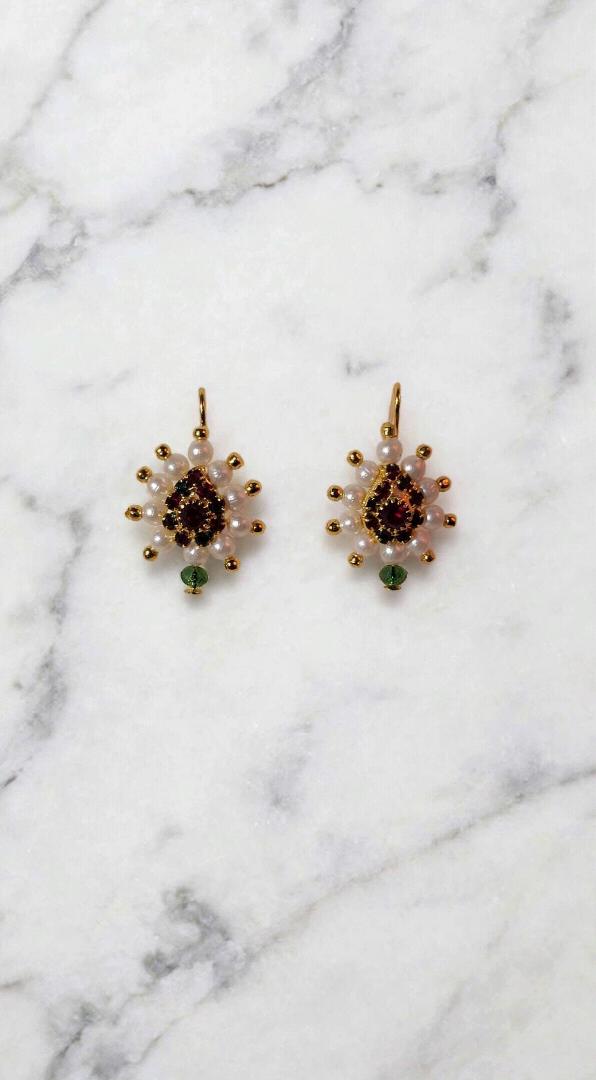 Traditional Gold Plated Pearl Earrings with Red & Green Stone