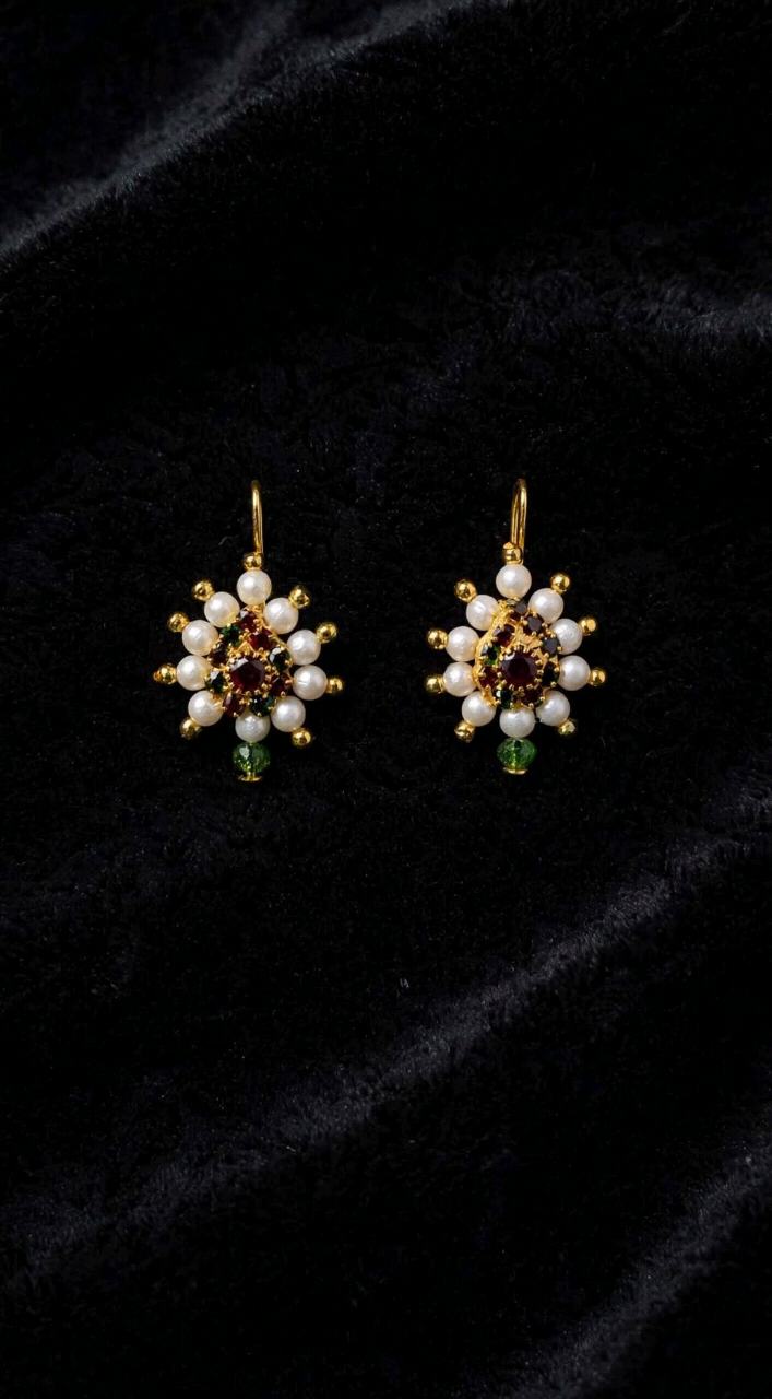 Traditional Gold Plated Pearl Earrings with Red & Green Stone