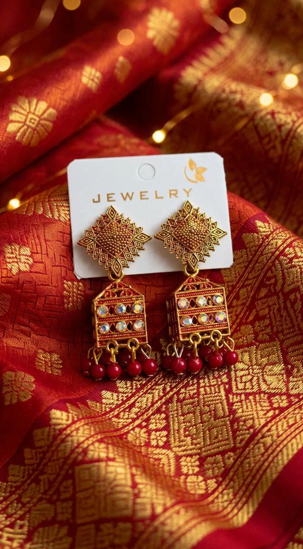 Traditional Gold Plated Red Jhumka