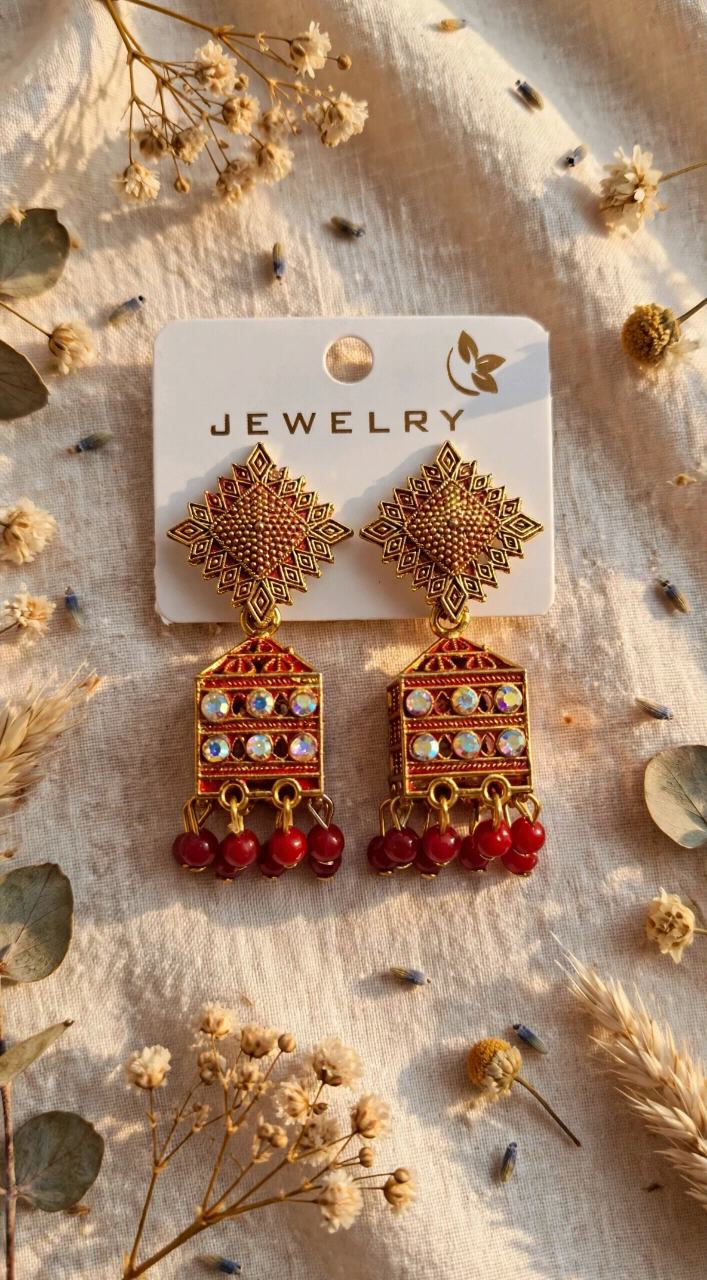 Traditional Gold Plated Red Jhumka