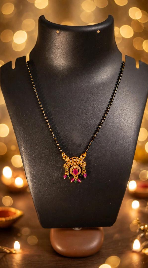 Traditional Gold-Plated Ruby Mangalsutra with Black Beads