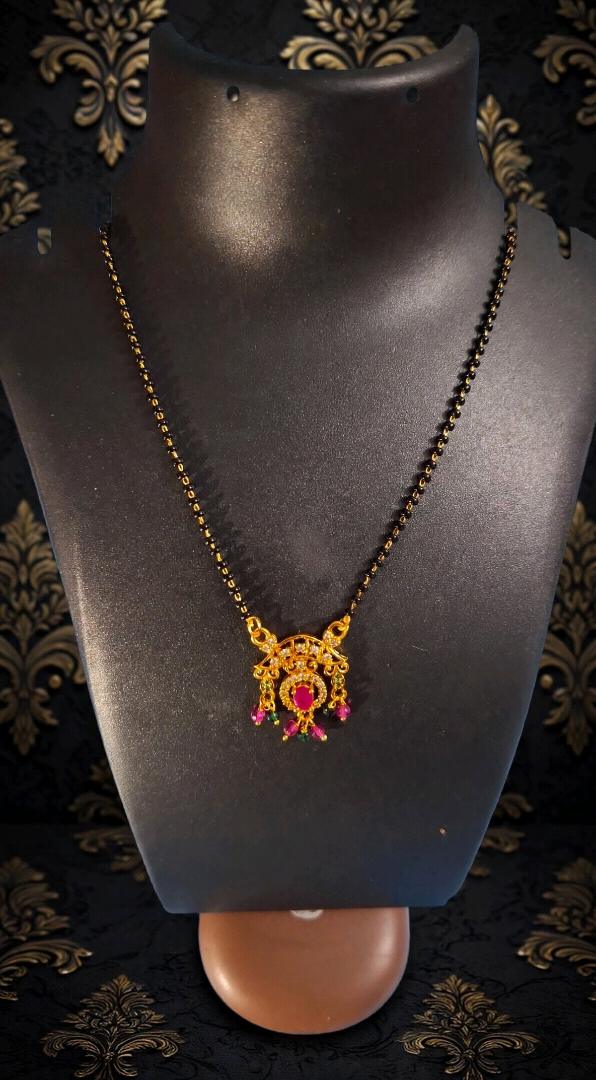 Traditional Gold-Plated Ruby Mangalsutra with Black Beads
