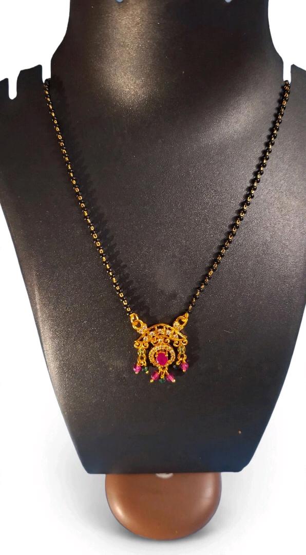 Traditional Gold-Plated Ruby Mangalsutra with Black Beads