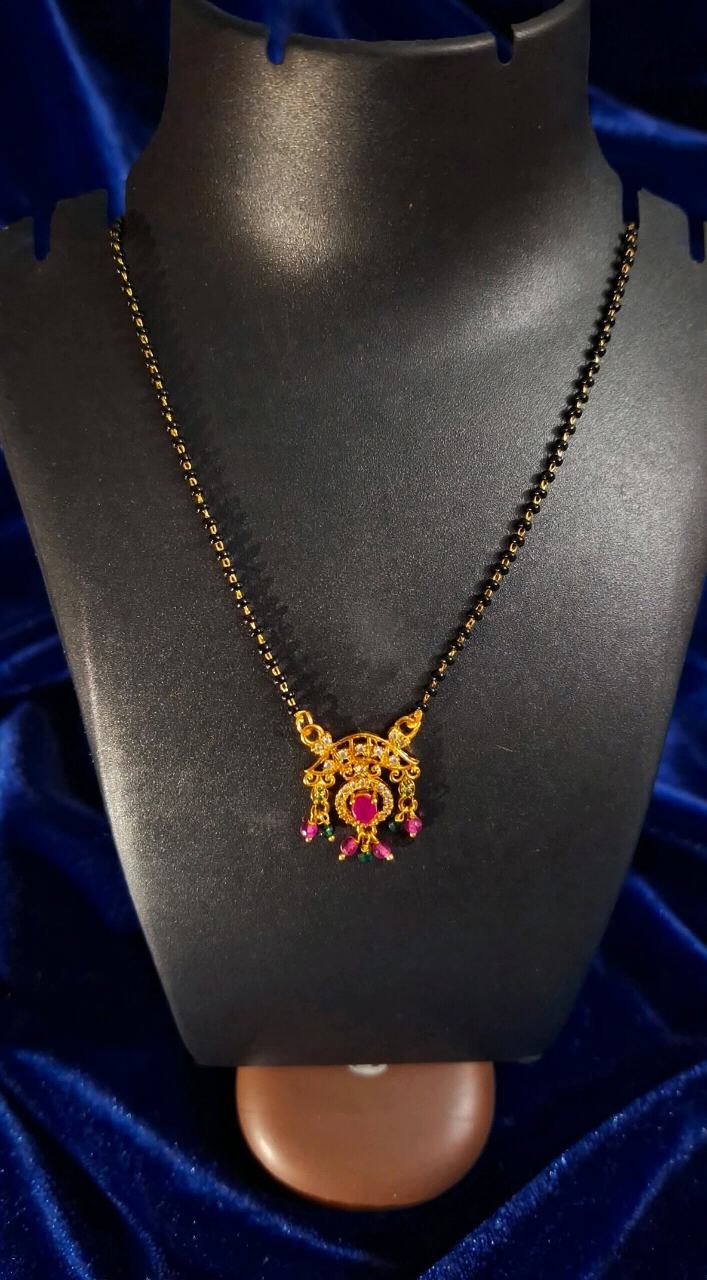 Traditional Gold-Plated Ruby Mangalsutra with Black Beads