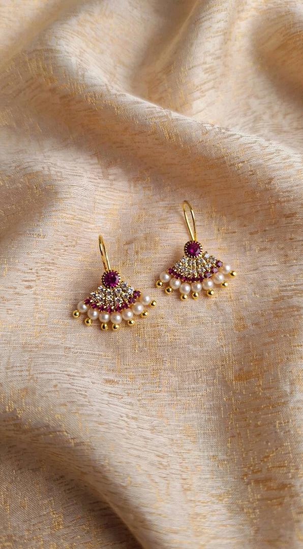 Traditional Gold Plated Ruby & Pearl Fan Hook Earrings for Women & Girls