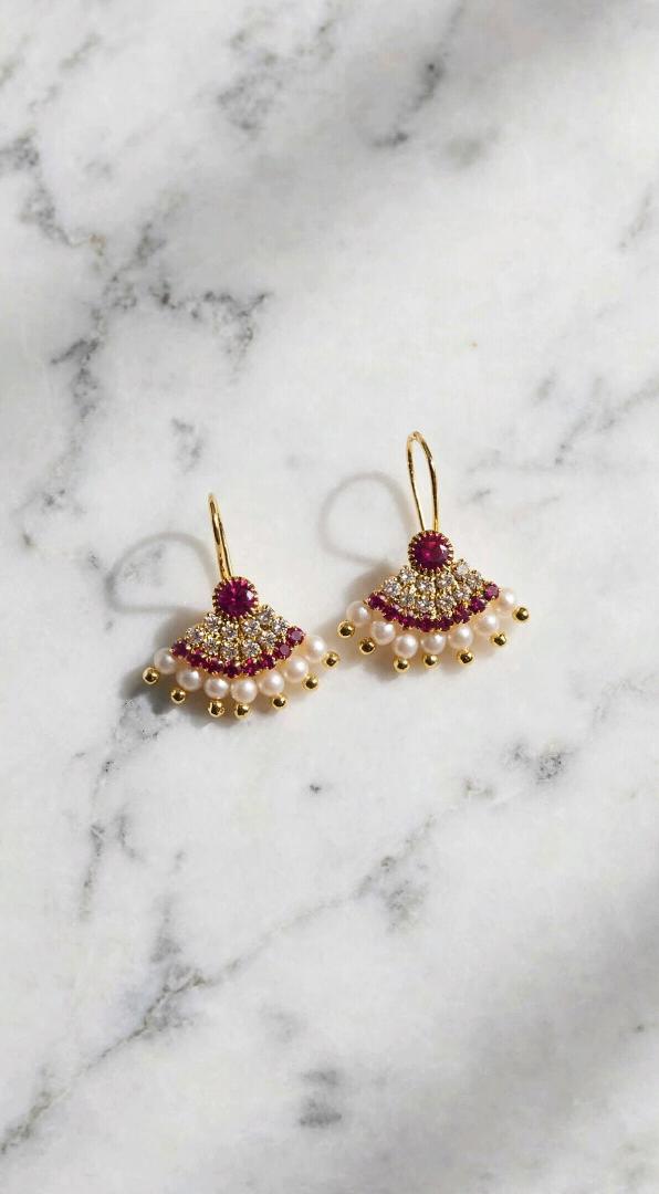Traditional Gold Plated Ruby & Pearl Fan Hook Earrings for Women & Girls