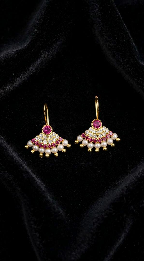 Traditional Gold Plated Ruby & Pearl Fan Hook Earrings for Women & Girls