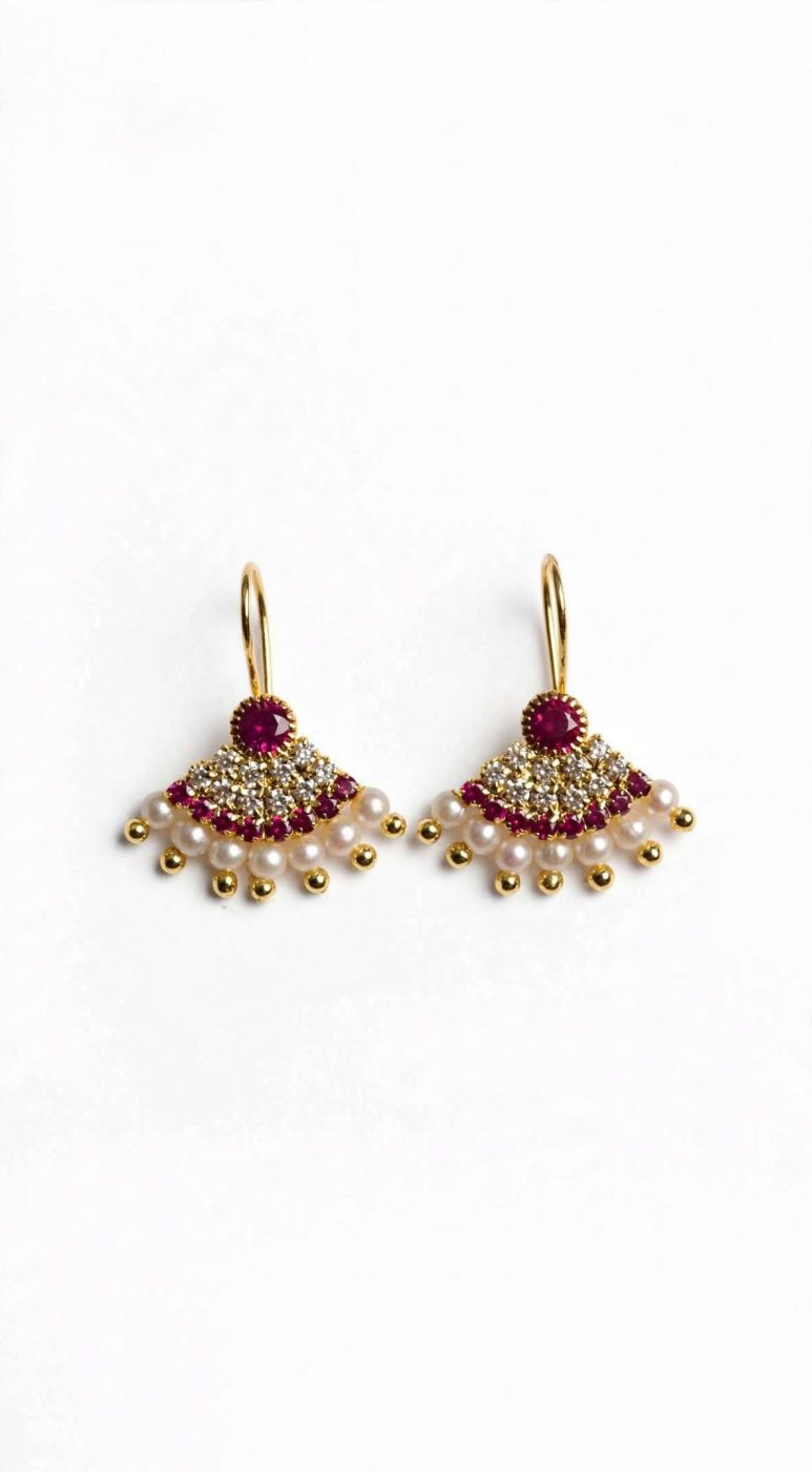 Traditional Gold Plated Ruby & Pearl Fan Hook Earrings for Women & Girls