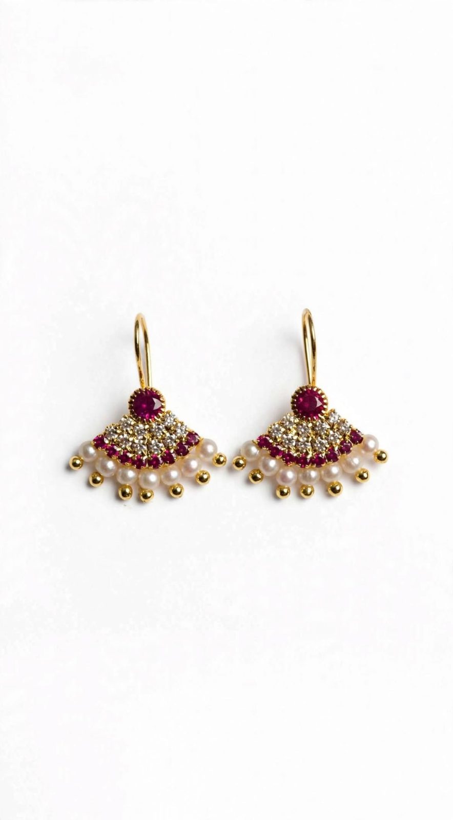 Traditional Gold Plated Ruby & Pearl Fan Hook Earrings for Women & Girls