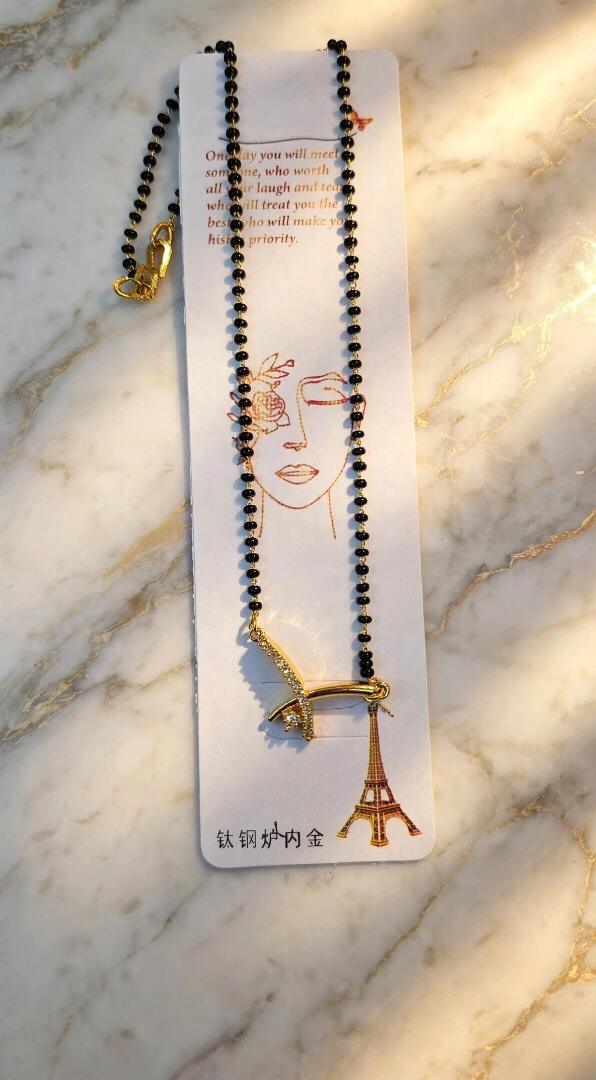 Trendy Eiffel Tower Black Bead Mangalsutra - Gold Plated Titanium Steel with AD Stones |