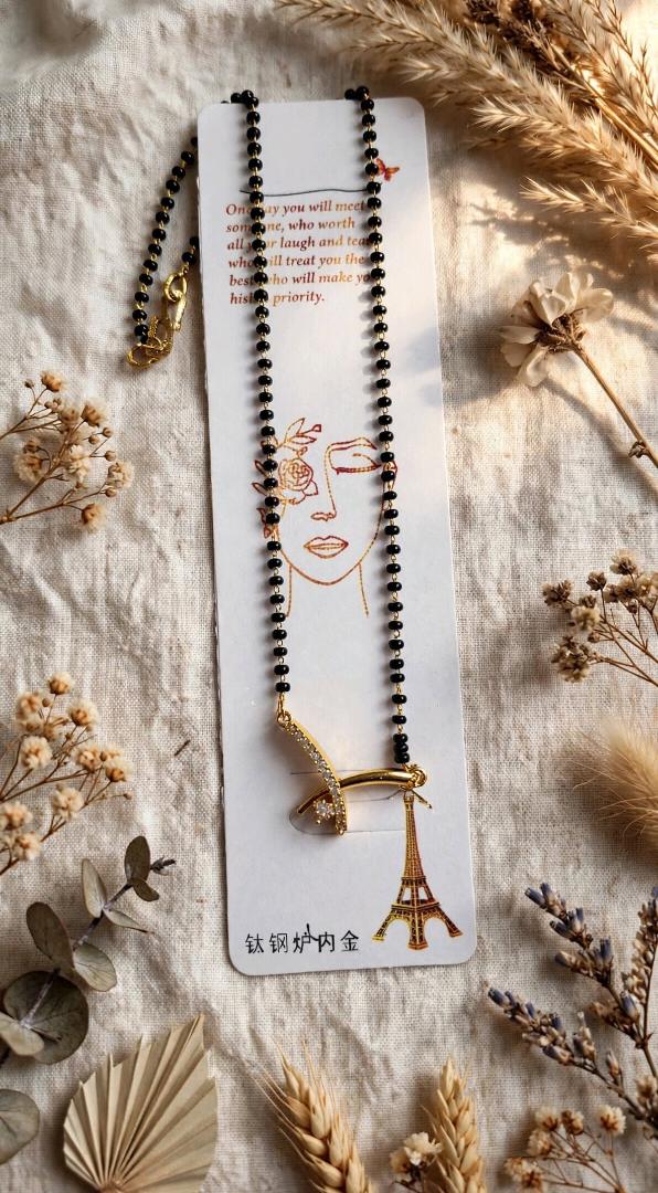 Trendy Eiffel Tower Black Bead Mangalsutra - Gold Plated Titanium Steel with AD Stones |