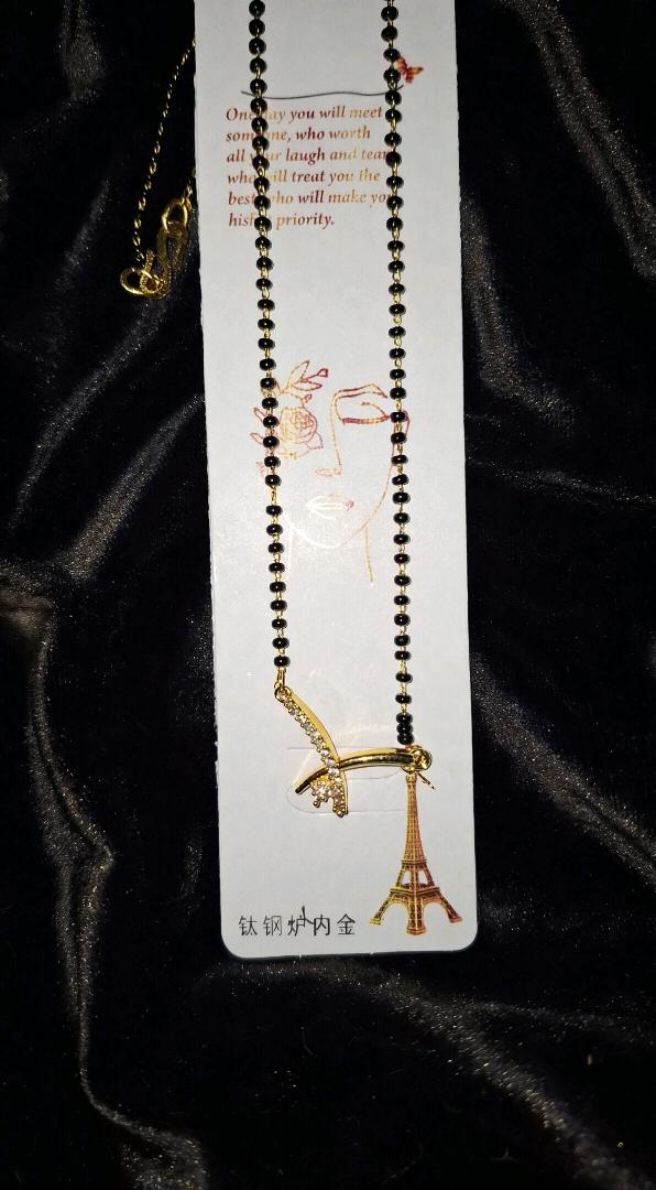Trendy Eiffel Tower Black Bead Mangalsutra - Gold Plated Titanium Steel with AD Stones |