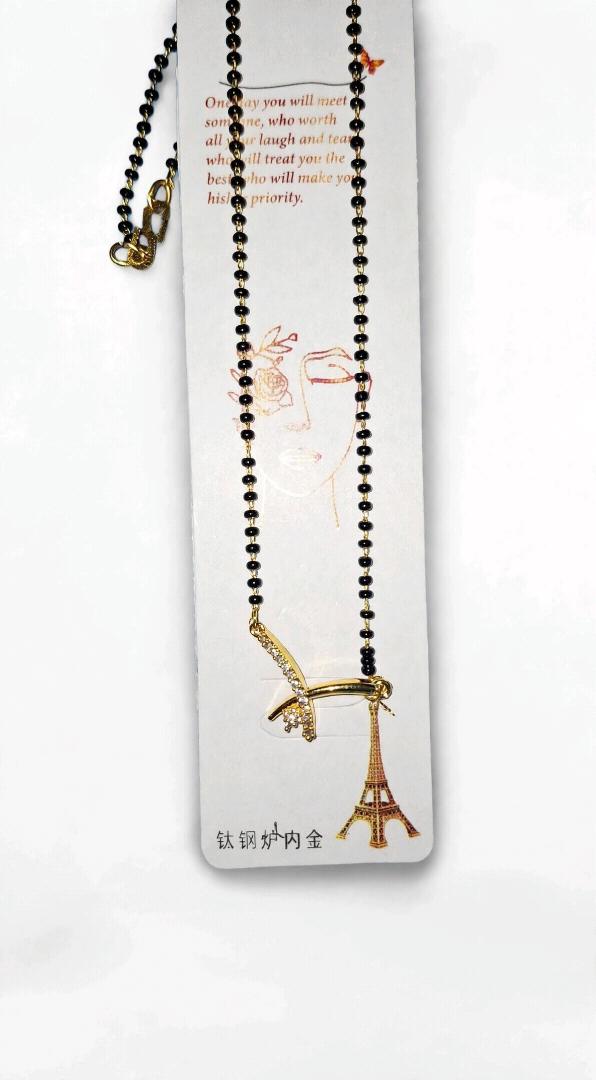 Trendy Eiffel Tower Black Bead Mangalsutra - Gold Plated Titanium Steel with AD Stones |